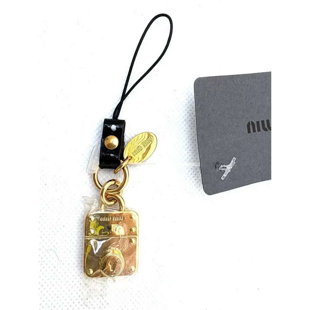 Miu Miu Gold Padlock Phone Charm Bag Charm Keychain Black Strap NWT Designer